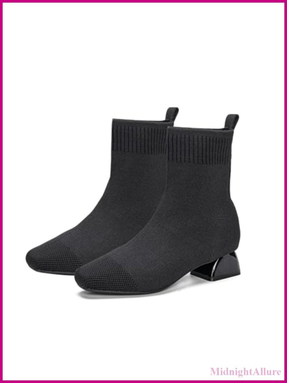 Knit Ankle Boots Pointed Toe Slip-On Chunky Heel Booties